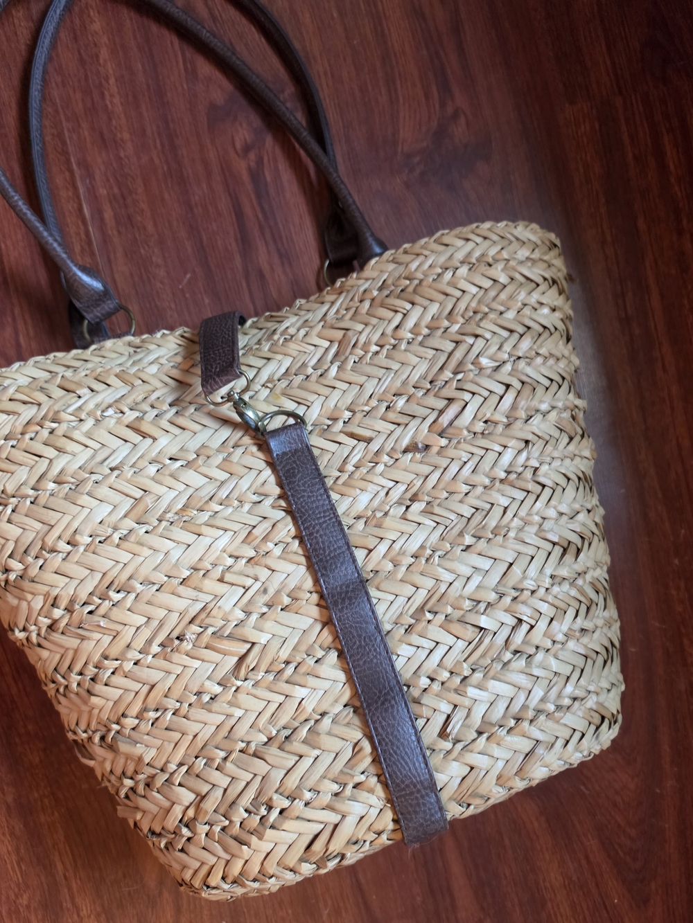 Woven Straw Tote Bag with Brown Leather Straps